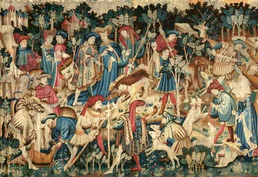 Devonshire-jagttæpper, orne- og bjørnejagt, sandsynligvis Arras, 1425-50