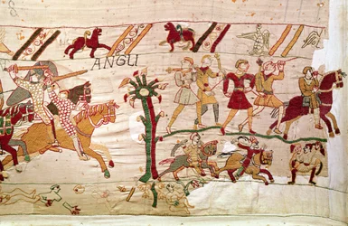 Englænderne vender i flugt efter kong Harolds død, Bayeux Tapestry