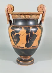 Volute krater, dionysisk scene, der viser rituel sønderdeling af et vildt dyr, loft, 450-425 f.Kr.