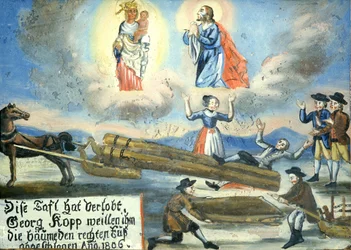 1806 votivbillede, skade, træværk, Neukirchen ved Holy Blood Pilgrimage Museum, Cham, Oberpfalz, Øvre Pfalz, Bayern, Tyskland