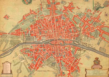Kort over Paris, Frankrig, fra det 18. århundrede. (print)