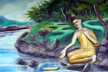 20151029, Vientiane, Laos: Wat Inpeng buddhisttempel. Maleri, der skildrer Shakyamuni Buddhas livshistorie. Badning i floden