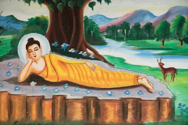 20151102, Vang Vieng, Laos: Maleri, der skildrer Shakyamuni Buddhas livshistorie. liggende Buddha