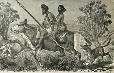 AFRIKA (19. århundrede). Indbyggere i Centralafrika. Gravering.