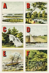 A B C D E F: øgruppe, Bois de Boulogne, vandfald, dige, rev, skov i Fontainebleau - Indgravering udtrukket fra det geografiske alfabet. Guerin-Muller et Cie, forlag, Paris