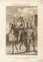A Man at Arms i pladerustning monteret på en barderet hest og en bueskytte i ringbrynje med sin bue, pile og blyholdige hammer
