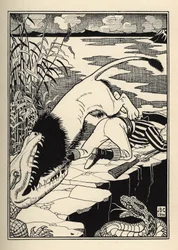 En løve, der ville angribe baronen de Munchausen, endte med en krokodille. Illustration af William Strang (1859-1921) og JB Clark fra "The Adventures of the Baron of Munchausen (Munchhausen) af Rudolf Erich Raspe (1736-1794) (1789)