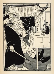 En trompet, der var frosset, frembringer lyde på egen hånd, når den varmes op, har morskab og forbløffelse af al Illustration af William Strang (1859-1921) og JB Clark fra "The Adventures of the Baron of Munchausen (Munchhausen) af Rudolf Erich Raspe (1736