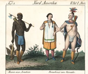 Acadisk mand med tatoveret krop og et par indfødte canadiske indianere. Litografi til bogen: "Galerie complete en tableaux fideles des peuples d