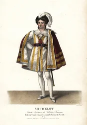 Skuespiller Pierre Marie Nicolas Michelot som Comte Almaviva i Le Barbier de Seville af Pierre Beaumarchais, Theatre Français. Håndkoloreret litografi af F. Noel efter en illustration af Alexandre-Marie Colin fra Portraits d