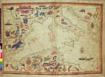 Yderligere 5415A, ff.11v-12r: Middelhavets kyst fra Gibraltarstrædet til Morea med Adriaterhavet, c.1558 (vellum)