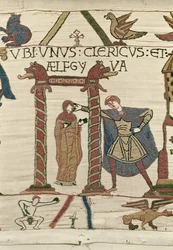 Aelfgyva med en præst, Bayeux Tapestry (uldbroderi på hør)