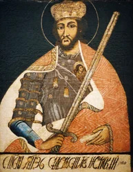 Alexander Nevsky afbildet som en krigerhelgen i et portræt af en ukendt kunstner fra det tidlige 18. århundrede, State his tory Museum, Moskva.