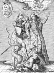 Allegori over den katolske ligas død repræsenteret som en munk med slangekrop dræbt af Frankrigs konge Henrik IV og Frankrig. Slutningen af det 19. århundrede (gravering fra "Museum-Criminal" af Henri Varennes og Edgar Troimaux)