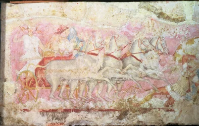 Amazoner, der kører en vogn, detaljer fra siden af Amazonas sarkofag, Tarquinia, 4. århundrede f.Kr. (tempera på alabast) (detalje af 85168)