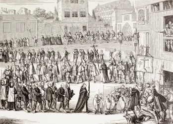En Auto-da-fe, eller Act of Faith, procession i Spanien, efter en gravering fra det 15. århundrede, fra 