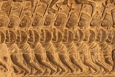 Angkor wat. Detalje af reliefskulptur fra slaget ved Kurukshetra Siem Reap Cambodia