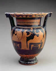 Attic rød-figur søjle krater med en symposium scene af en fløjtespiller mellem to liggende hanner, græsk, ca. 420 f.Kr. (keramik)