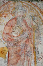 Avy, Notre Dame-kirken. Vægmaleri fra det 14. århundrede (Jomfru og barn omgivet af peleriner ledsaget af deres hellige beskyttere).