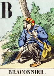 B : Braconnier - Jagtalfabetet, ca. 1890 (gravering)