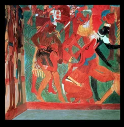 Kampscene afbildet i rum 2 i det malede tempel i Bonampak, Mayan, sen klassisk periode, ca. 800 (vægmaleri)