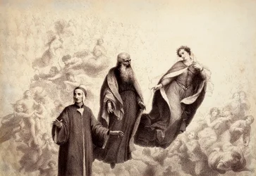 Beatrice bevæger sig væk fra Dante, og ved hans side dukker Sankt Bernhard op. Illustration af Canto XXXI i Paradiso af Den guddommelige komedie af Dante Alighieri. Værk af Francesco Scaramuzza dedikeret til Firenzes kommune.