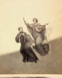 Beatrice peger opad med sin pegefinger og fører Dante gennem Paradisos himmelhvælving. Deres kroppe oplyses af en lysstråle. Illustration af Canto I af Paradiso i Den guddommelige komedie af Dante Alighieri. Franceso Scaramuzza dediceret værk.