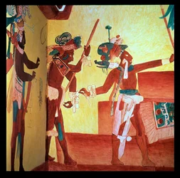Bonampak-herrer i fjerklædte kostumer danser i fejring efter en militær sejr, Maya ca. 800 (fresco)