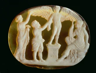 Cameo af Ikaros og Daedalus med Persephone og Artemis