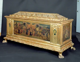 Cassone med paneler, der afbilder Scipios kontinens og allegorier om styrke og forsigtighed, tilskrevet Apollonio di Giovannis værksted, ca. 1460-65 (tempera på panel)