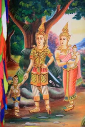 Loftkunstværker, der viser Buddhas liv. Wat Si Sou Mang Karam Temple. VIENG VANG. Laos, 20151102, Vieng Vang, Laos