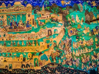 Chittra Sala gårdhave med virtuose fine malerier, Taragarh Fort, Bandi, Bandi, Rajasthan, Indien, Asien (Foto)