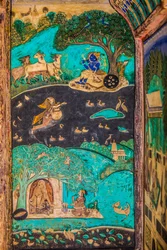 Chittra Sala gårdhave med virtuose fine malerier, Taragarh Fort, Bandi, Bandi, Rajasthan, Indien, Asien (Foto)