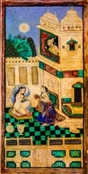 Chittra Sala gårdhave med virtuose fine malerier, Taragarh Fort, Bandi, Bandi, Rajasthan, Indien, Asien (Foto)