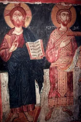 Kristus med Sankt Konstantin Timios Stavros tou Agiasmati kirke, Agiasmatis hellige kors 1400-tallet Cypern Malede kirker UNESCO-sted Troodos, Cypern