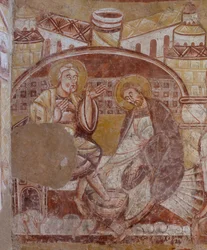 Kirke (Église Saint-Martin). Interiør. Vægmalerier (fresko). Korets nordvæg. Detalje. fodvask. 12. århundrede.