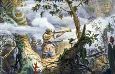 "Civiliserede" indianere kæmper mod Botocudos-indianere, Brasilien