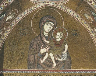 Nærbillede af et vægmaleri af Jomfru Maria, Monreale, Sicilien, Italien