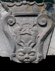 Våbenskjold i sten, indgangsdør architrave, Barile, Basilicata, Italien