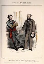 Paris Commune: kostume af LE CITIZEN PROTOT, JUSTICEMINISTER og M.ROUSSE, BATONNER AF ORDEN DES AVOCATES, KOMMER TIL FORSVAR L