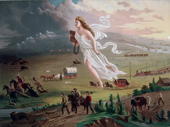 Begrebet Manifest Destiny: Allegorisk kvindeskikkelse med elektrisk telegrafledning fører amerikanske pionerer og jernbaner vestpå, indianere og bøfler og bjørne trækker sig tilbage foran dem. Kromolitografi fra ca. 1873.