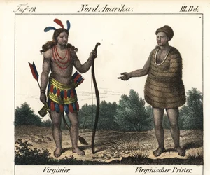 Dragter fra Powhatan-indianerne i Virginia (USA): en kriger og en præst fra Secota. Litografi til bogen: "Galerie complete en tableaux fideles des peuples d