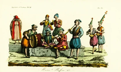 Kostumer af berbermusikere fra Bey of Tunis og komikere eller Saitari, Tunesien