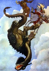 Par kæmper mod en drage, ca. 1910 (illustration)