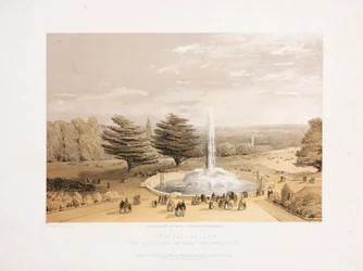 Crystal Palace, Post-Great Exhibition Springvandet og parken fra terrassetrappen til Crystal Palace, ca 1855