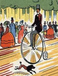 Cyklist kører på en stor bi, ca. 1900-1920 (kromolitografi)