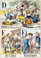 D E F: Diner des Moissonneurs, Ecurie, Fenaison - "Alphabet of the farm" slutningen af ​​det 19. århundrede (gravering)