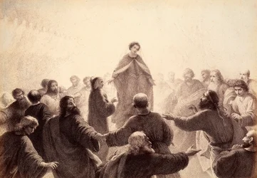Dante og Beatrice er omringet af de vises ånder, der synger og danser omkring dem. Illustration af Canto XIV i Paradiso i Den guddommelige komedie af Dante Alighieri. Et værk af Franceso Scaramuzza dedikeret til Firenzes kommune.