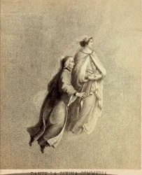 Dante og Beatrice flyver gennem Paradisets himmelhvælv. Illustration af Canto I af Paradiso i Den guddommelige komedie af Dante Alighieri. Et værk af Franceso Scaramuzza dedikeret til Firenzes kommune.