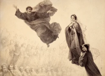 Dante og Beatrice møder Sankt Peter. Illustration af Canto XXIV i Paradiso af Den guddommelige komedie af Dante Alighieri. Værk af Francesco Scaramuzza dedikeret til Firenzes kommune.
